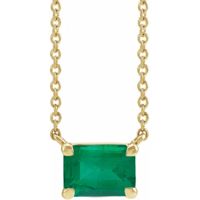 Solitaire Birthstone Emerald Shape Claw Prong Emerald Gemstone 18" Solid Yellow Gold Necklace