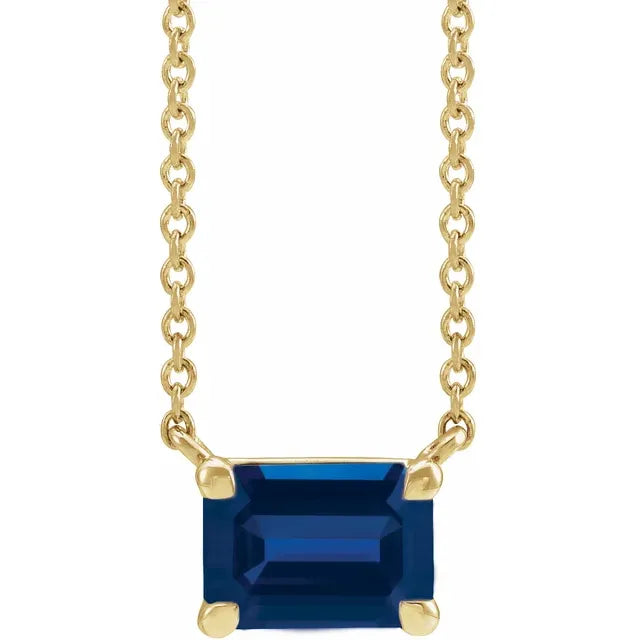 Solitaire Birthstone Emerald Shape Claw Prong Lab-Grown Blue Sapphire Gemstone 18" Solid Yellow Gold Necklace