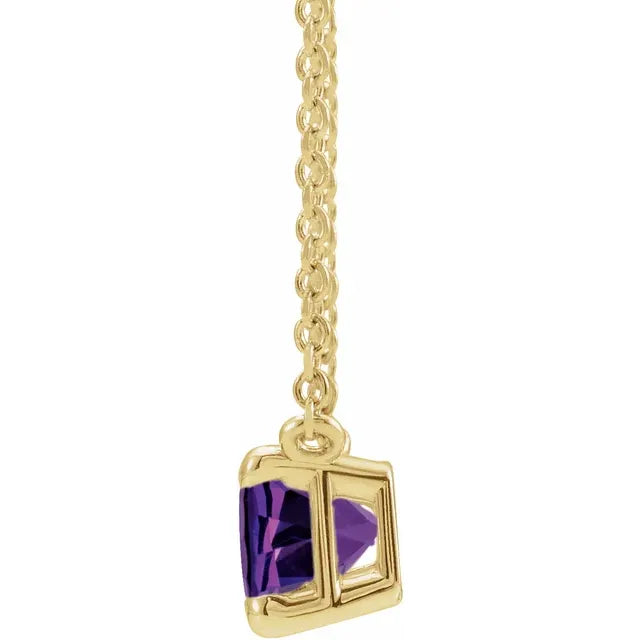 Solitaire Birthstone Natural Amethyst Shape Claw Prong Emerald Gemstone 18" Solid Yellow Gold Necklace