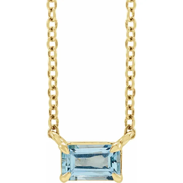 Solitaire Birthstone Natural Aquamarine Shape Claw Prong Emerald Gemstone 18" Solid Yellow Gold Necklace