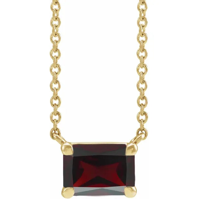 Solitaire Birthstone Emerald Shape Claw Prong Natural Mozambique Garnet Gemstone 18" Solid Yellow Gold Necklace