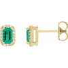 Emerald & Diamond Halo Style Stud Earrings Solid 14K Yellow Gold 