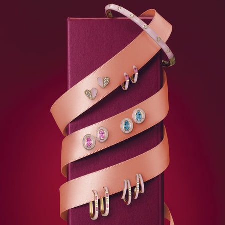 Pink Enamel Natural Diamond Heart Stud Earrings Solid 14K Gold 
