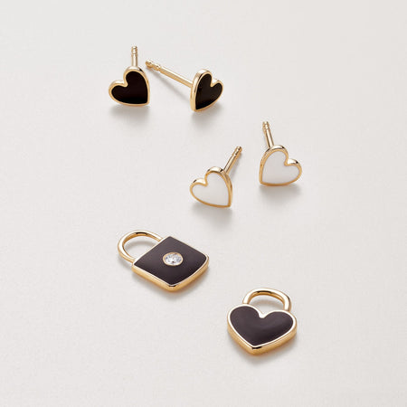 Enamel Heart Solid 14K Gold Earrings with Enamel Pendant Lock Charms