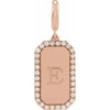 Engravable rose gold dog tag pendant with diamonds and letter 'E' on a white background