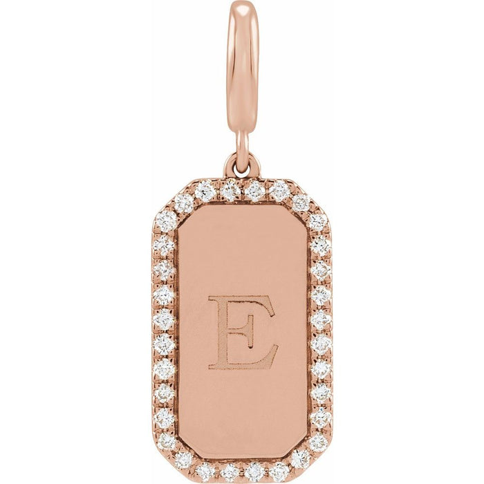 Engravable rose gold dog tag pendant with diamonds and letter 'E' on a white background