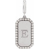 Engravable white gold dog tag pendant with 'E' and diamond accents on a white background