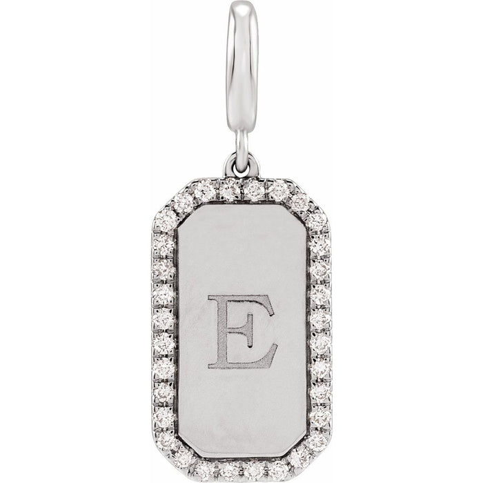 Engravable white gold dog tag pendant with 'E' and diamond accents on a white background
