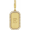 Gold dog tag charm pendant with 'E' and diamond accents on a white background