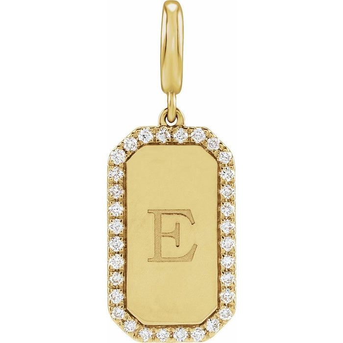 Gold dog tag charm pendant with 'E' and diamond accents on a white background