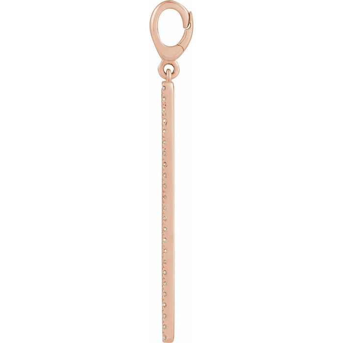 Engravable rose gold diamond vertical bar pendanton a white background