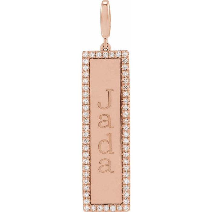 Engravable rose gold diamond vertical bar charm pendant with 'Jada' engraving on a white background