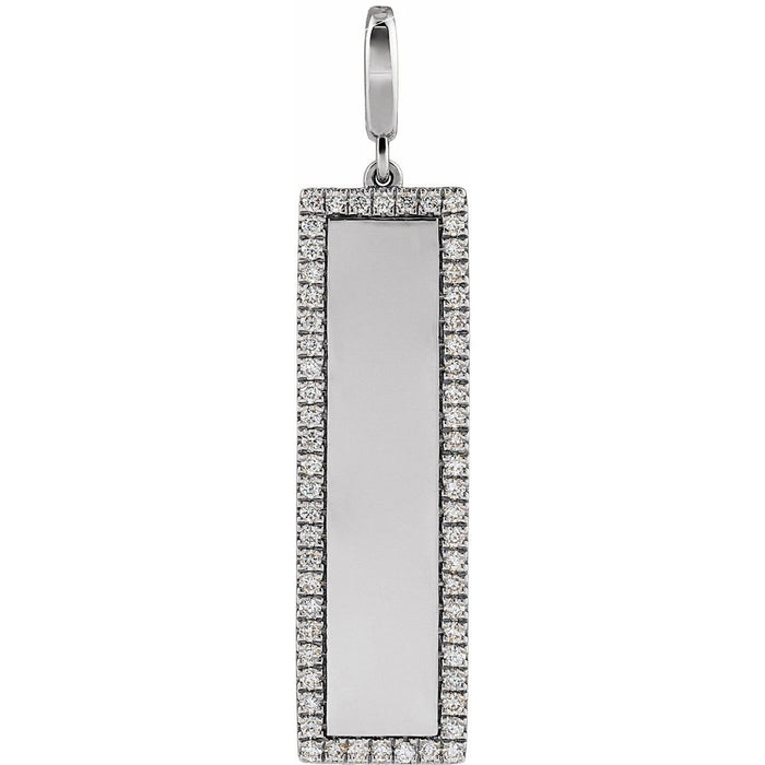 Unengraved white gold diamond vertical bar charm pendant with rectangular design and diamonds on a white background