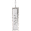Engravable white gold diamond vertical bar charm pendant with 'Jada' engraved on a white background