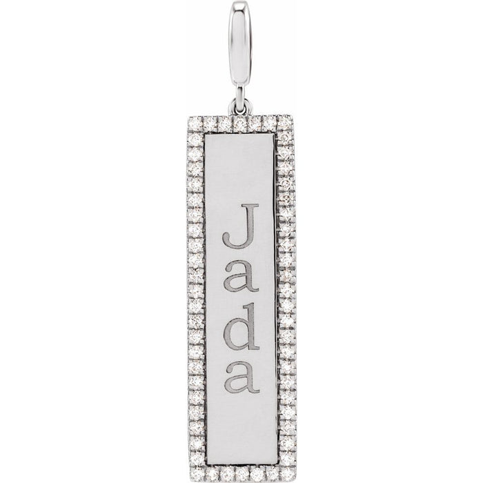 Engravable white gold diamond vertical bar charm pendant with 'Jada' engraved on a white background