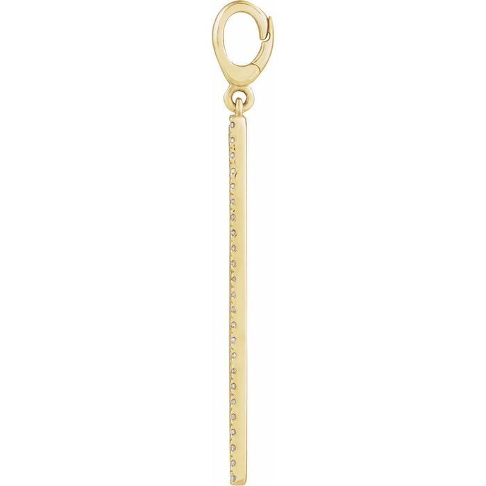 Engravable yellow gold diamond vertical bar charm pendant side view on a white background