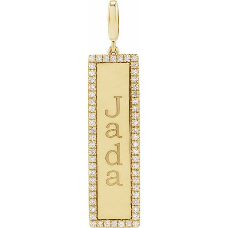 Engravable gold diamond vertical bar pendant with 'Jada' engraved on a white background
