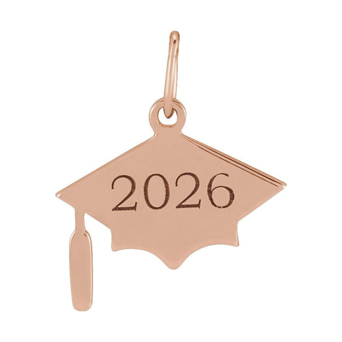 Rose gold graduation cap pendant with engraved '2026' on a white background