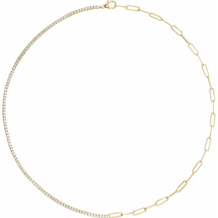 50/50 Lab-Grown Diamond Line & Paperclip Chain Necklace Solid 14K Yellow Gold 