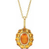 Duo Mexican Fire Opal & Citrine Halo Style Necklace Solid 14K Yellow Gold 