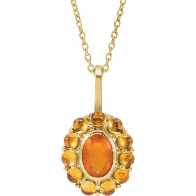 Duo Mexican Fire Opal & Citrine Halo Style Necklace Solid 14K Yellow Gold 