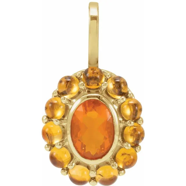 Duo Mexican Fire Opal & Citrine Halo Style Pendant Solid 14K Yellow Gold 