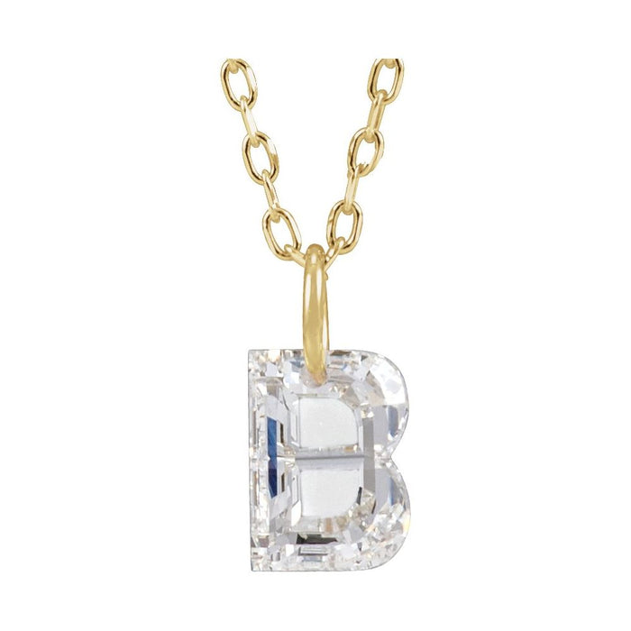 Gold necklace with a floating diamond b initial on a white background