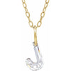 Gold necklace with a floating diamond j initial on a white background