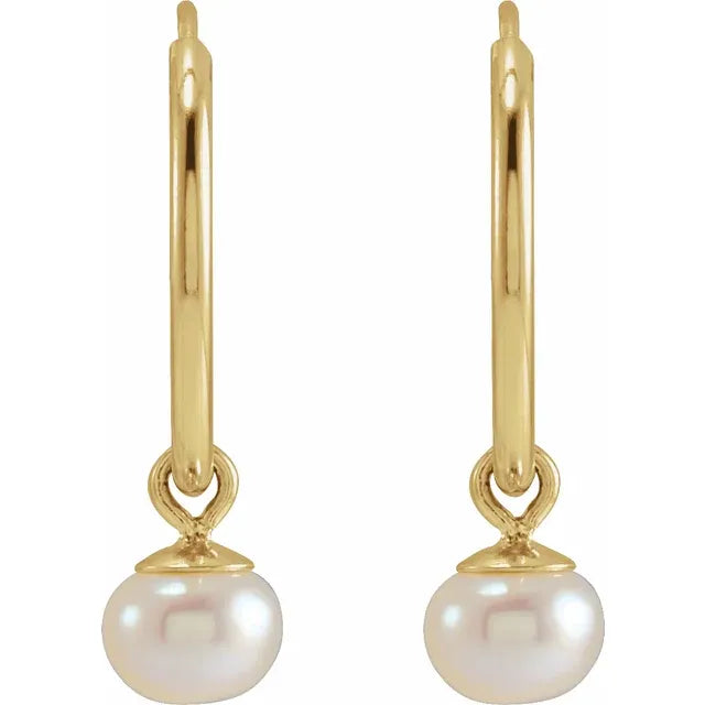 White Cultured Freshwater Pearl Dangle 12 MM Hoop Earrings in Solid 14K Yellow Gold