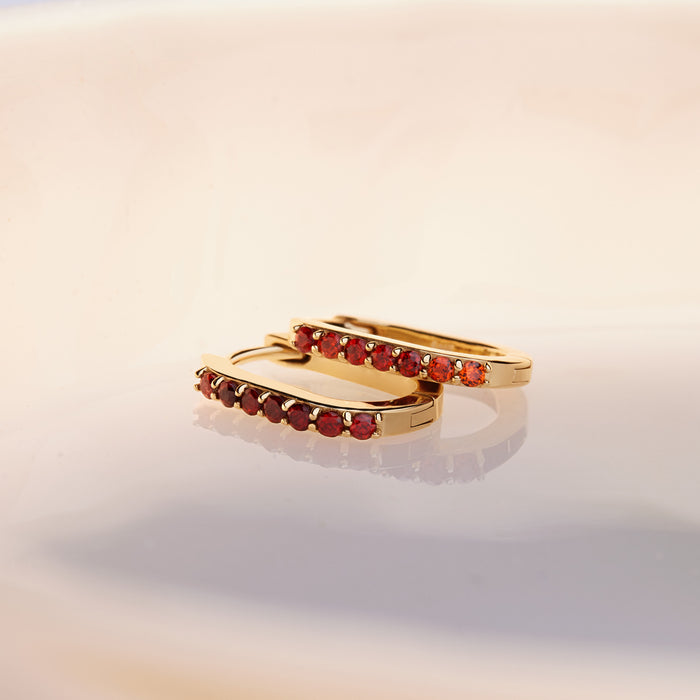 Garnet Link Shape Hinged Gold Hoop Earrings