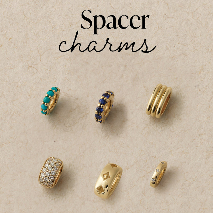 Spacer gemstone charms on a beige background with 'Spacer charms' text.