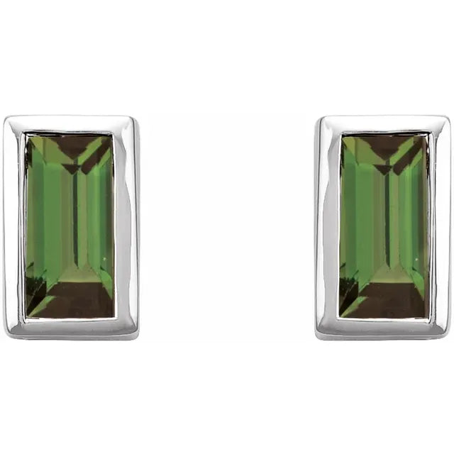 Green Tourmaline Bezel-Set Stud Earrings Solid 14K White Gold or Sterling Silver