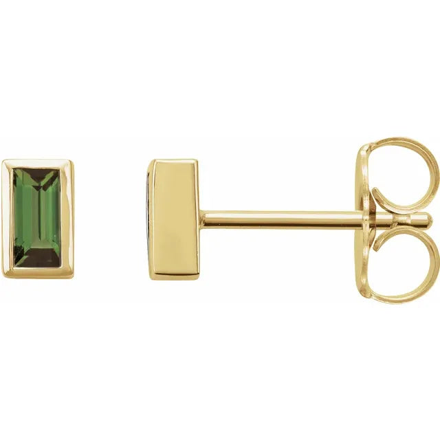 Green Tourmaline Bezel-Set Stud Earrings Solid 14K Yellow Gold