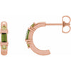 Rose gold hoop earrings with green tourmaline and peridot gemstones on a white background