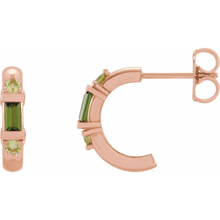 Rose gold hoop earrings with green tourmaline and peridot gemstones on a white background
