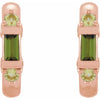 A pair of rose gold hoop earrings featuring a central green baguette-cut tourmaline gemstone and two small round light green peridot  stones at the top and bottom, shown on a plain white background.