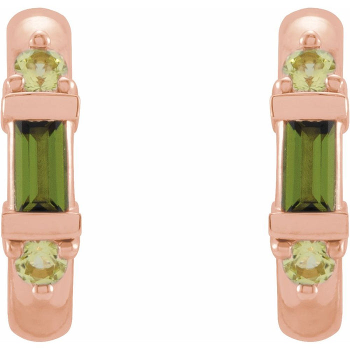 A pair of rose gold hoop earrings featuring a central green baguette-cut tourmaline gemstone and two small round light green peridot  stones at the top and bottom, shown on a plain white background.