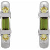 A pair of white gold hoop earrings featuring a central green baguette-cut tourmaline gemstone, accented by two small round light green peridot gemstones at the top and bottom, set against a plain white background.