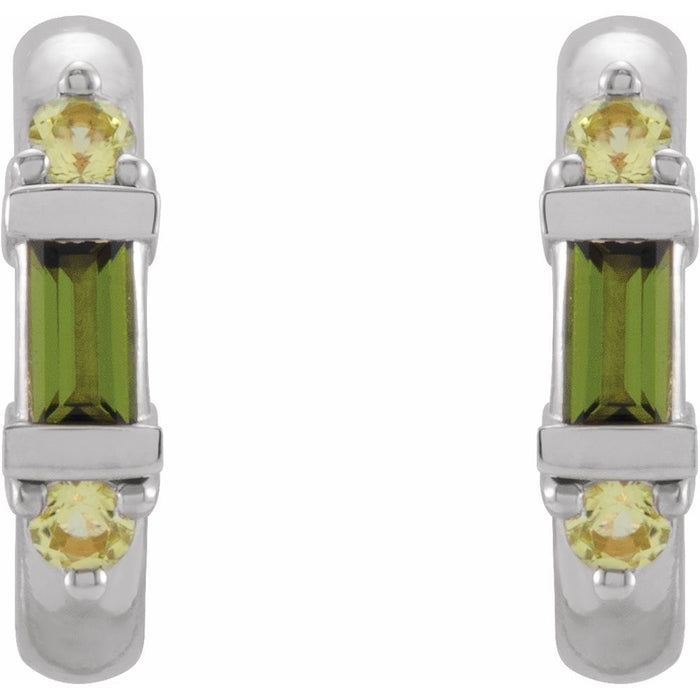 A pair of white gold hoop earrings featuring a central green baguette-cut tourmaline gemstone, accented by two small round light green peridot gemstones at the top and bottom, set against a plain white background.