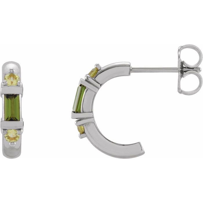 White gold hoop earrings with green tourmaline and peridot gemstones on a white background