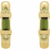A pair of gold hoop earrings featuring a central green tourmaline baguette-cut stone and two small round light green peridot stones at the top and bottom, shown on a plain white background.