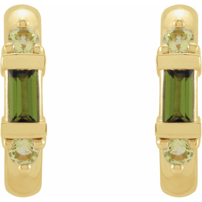 A pair of gold hoop earrings featuring a central green tourmaline baguette-cut stone and two small round light green peridot stones at the top and bottom, shown on a plain white background.