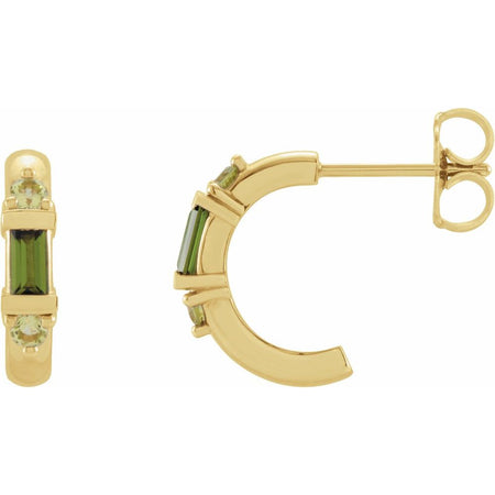 Gold  hoop earrings with a central green tourmaline baguette gemstone and small round green peridot accent stones, shown on a plain white background.
