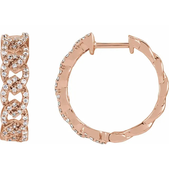 Chain Link 1/2 CTW Lab-Grown Diamond Hinged Hoop Earrings Solid 14K Rose Gold