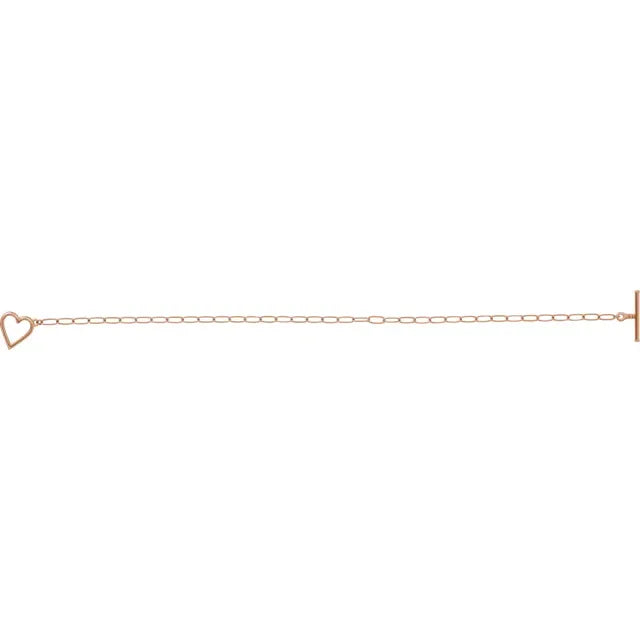 Heart Toggle Clasp & Paperclip Style Chain 6" Bracelet Solid 14K Rose Gold 