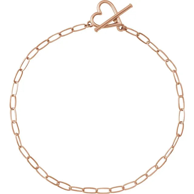 Heart Toggle Clasp & Paperclip Style Chain 6" Bracelet Solid 14K Rose Gold 