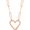 A rose gold paperclip chain necklace featuring a large, open heart-shaped bail pendant suspended from elongated oval links on a plain white background.