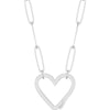 A silver paperclip chain necklace with a polished open heart bail pendant, shown against a plain white background.