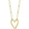 A gold paperclip chain necklace featuring a large, open heart-shaped bail pendant suspended from elongated oval links, slightly turned on a plain white background.