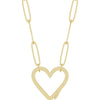 A gold paperclip chain necklace featuring a large, open heart-shaped bail pendant suspended from elongated oval links on a plain white background.
